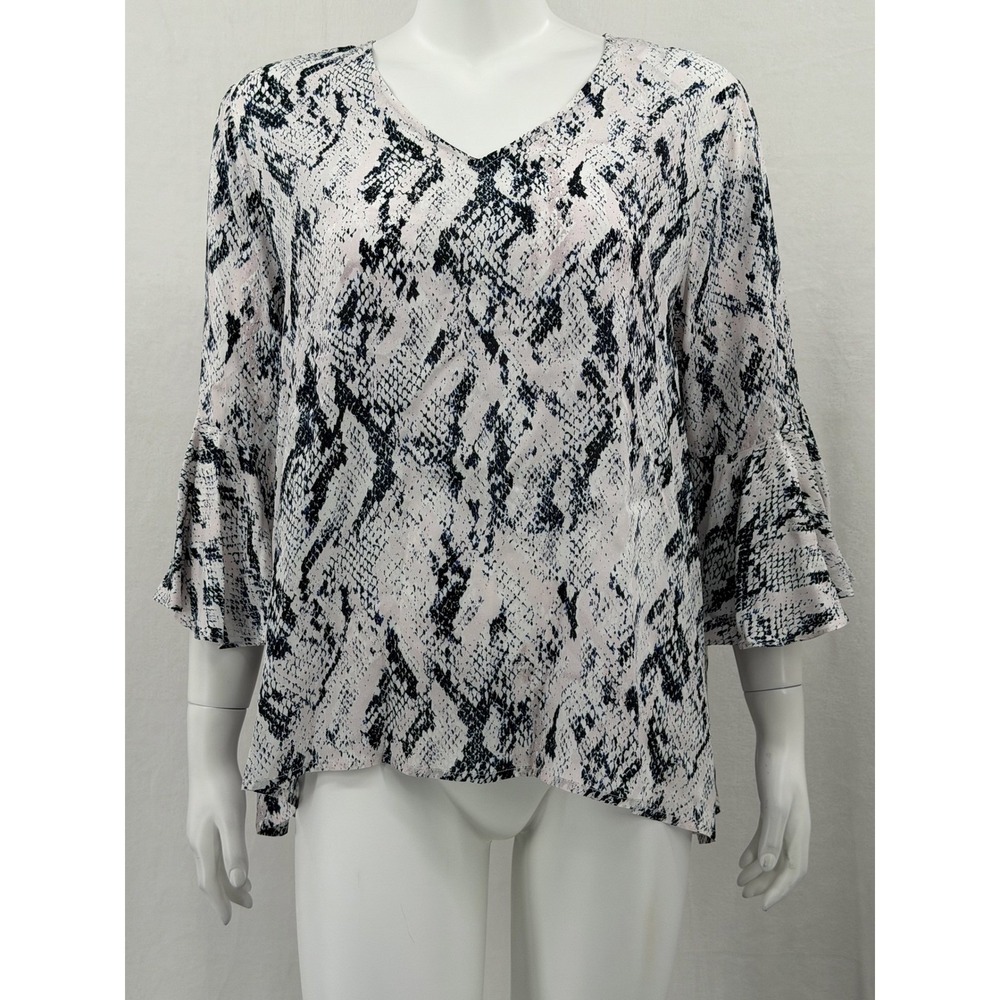 LaRoque Top Womens One Size Pink Blue Snakeskin Print Bell Sleeve V-Neck Resort
